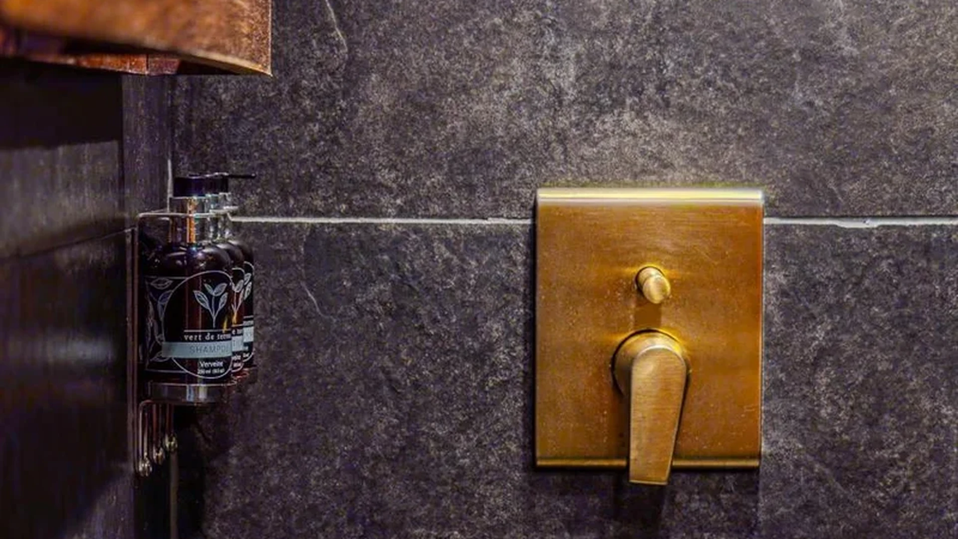 Image of a Walk-in Shower, featuring Slate Tile Walls and Brass Fixtures.