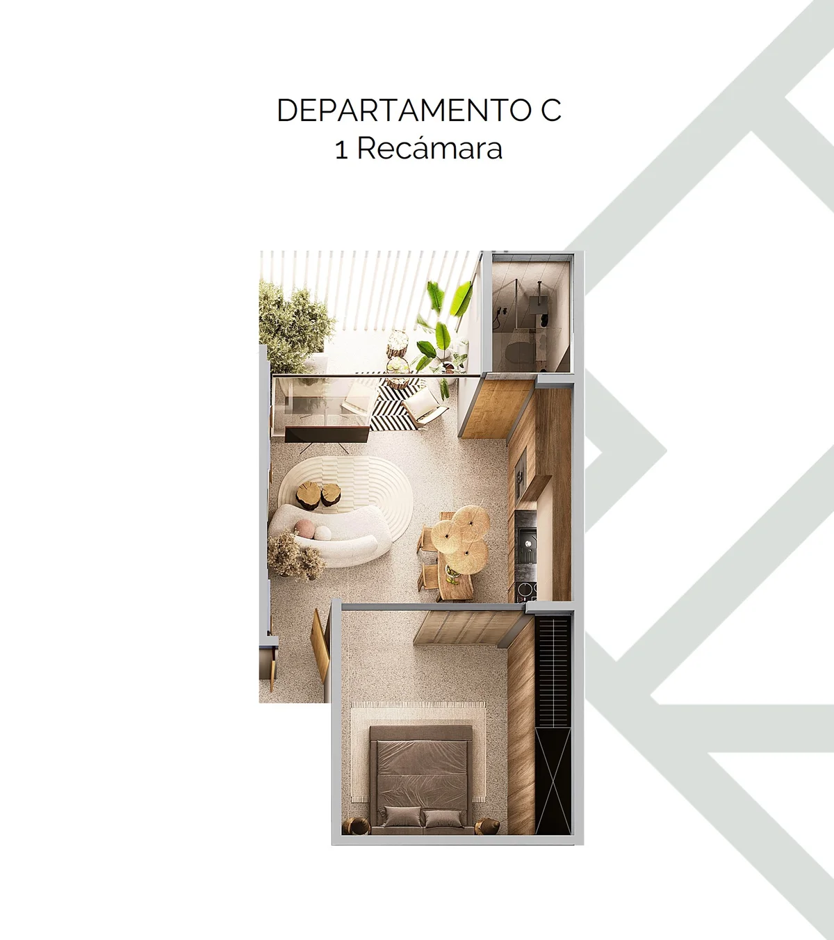 Image of a One-Bedroom Apartment, featuring Floor Plan Render and Modern Design.