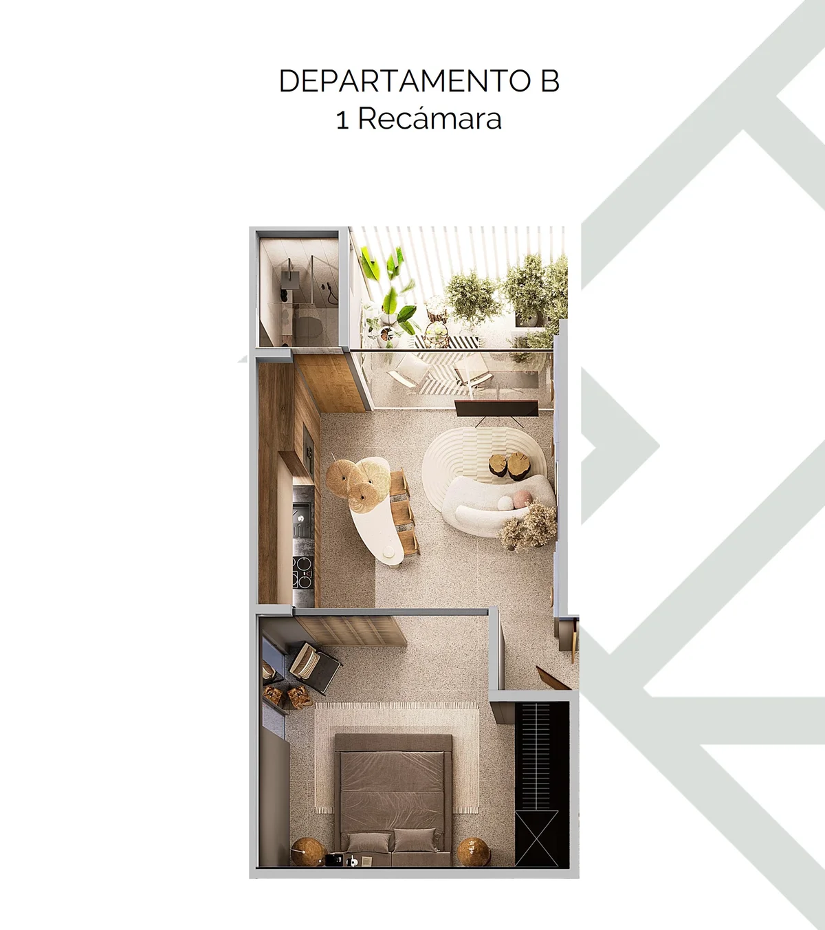 Image of a One-Bedroom Apartment, featuring Floor Plan Rendering and Open Concept Living.