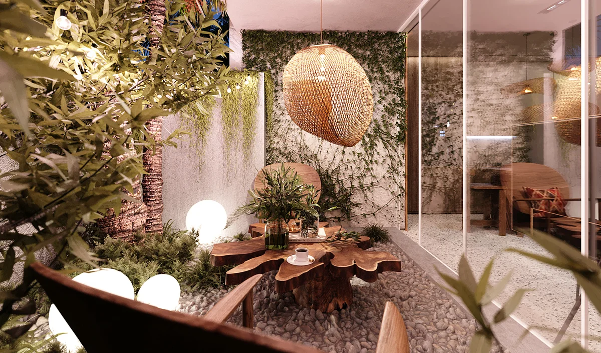 Image of a Zen Garden Patio, featuring Biophilic Design and Live-Edge Wood Table.