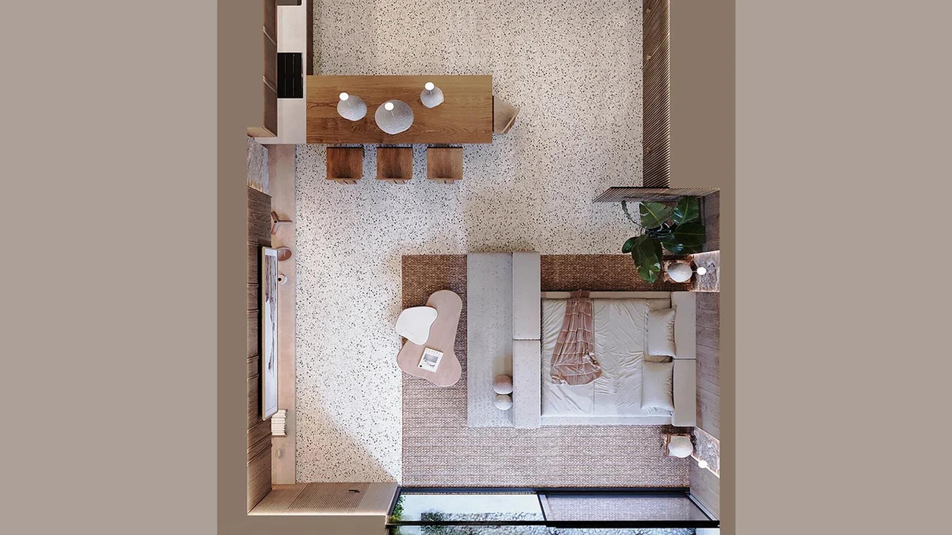 Image of a Studio Apartment, featuring Private Garden and Terrazzo Flooring.