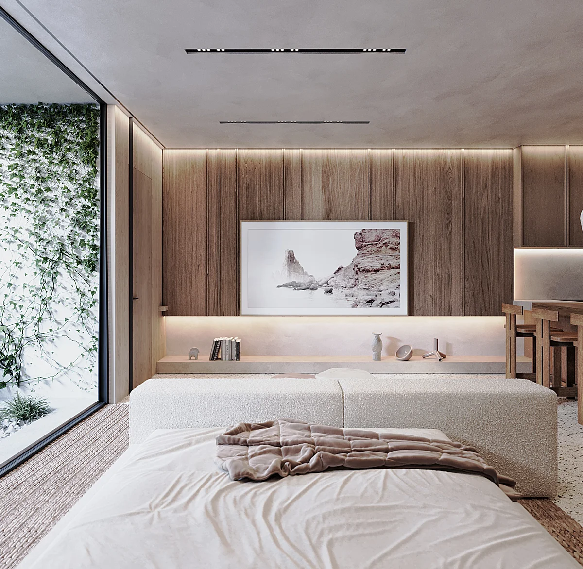 Image of a Modern Bedroom, featuring Wood Panel Accent Wall and Cove Lighting.