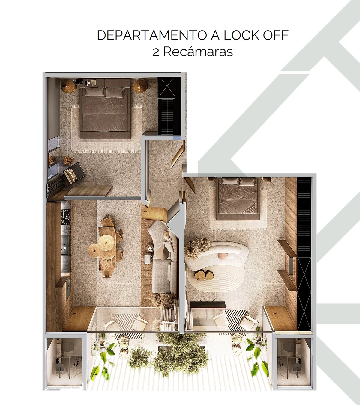 Image of a 2-Bedroom Apartment, featuring Lock-Off Unit and Rendered Floor Plan.
