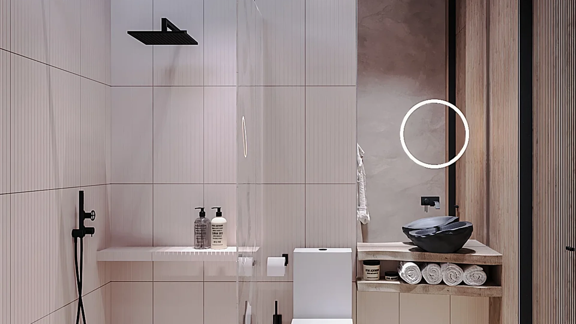 Image of a Modern Bathroom, featuring Walk-in Shower and Rainfall Showerhead.