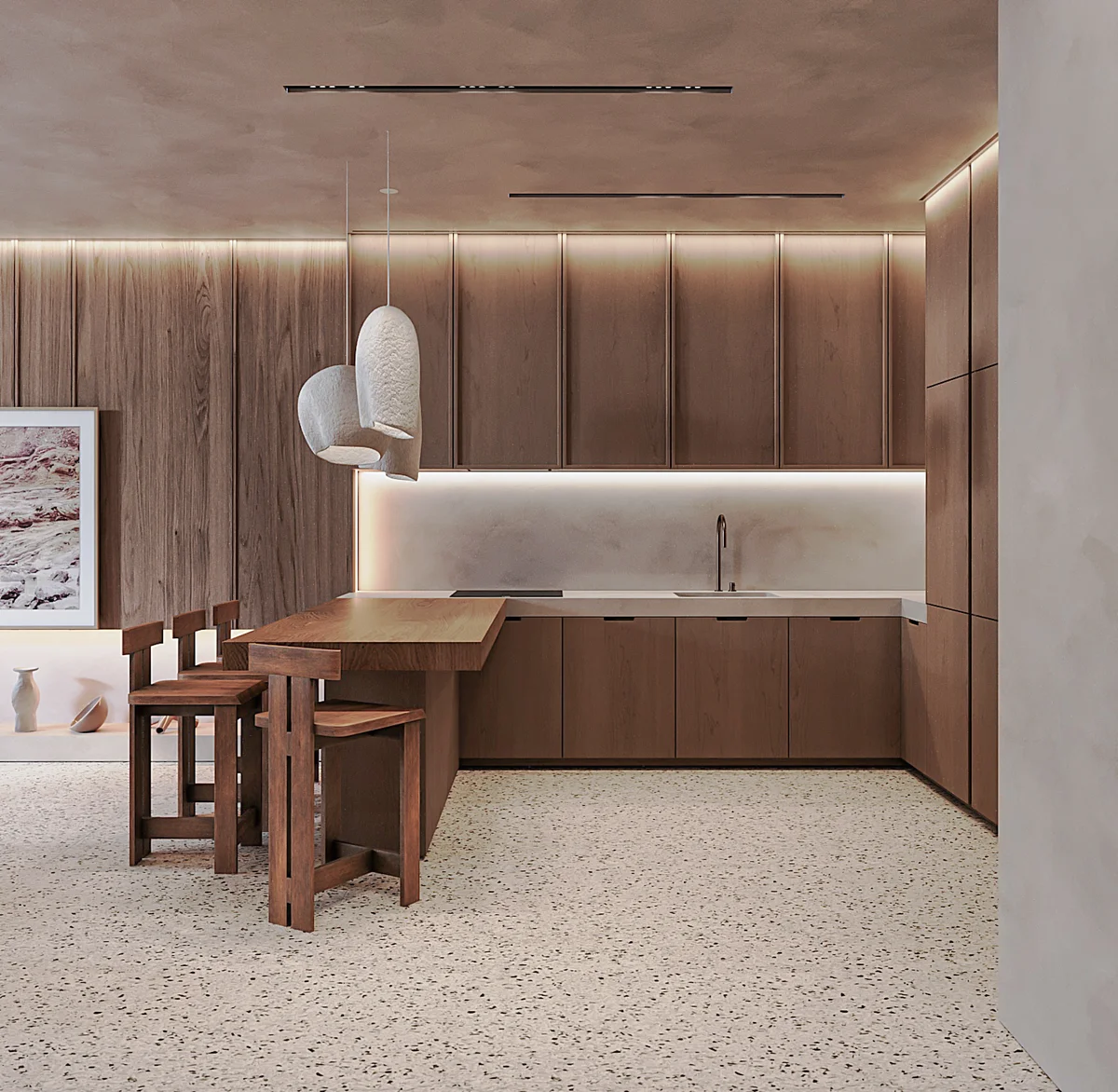 Image of a Modern Kitchen, featuring Wood Cabinetry and Terrazzo Flooring.