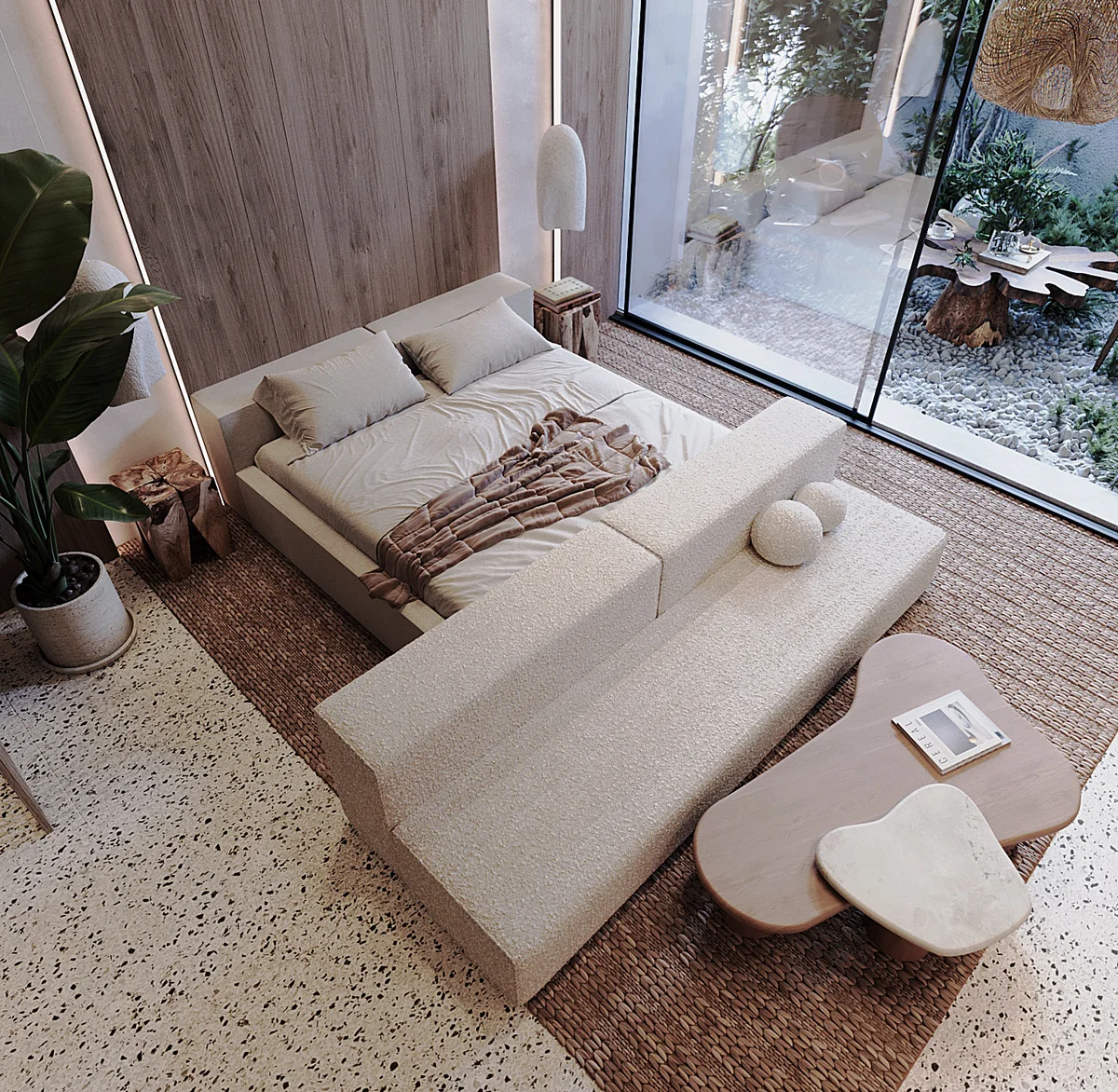 Image of a Primary Bedroom, featuring Japandi Style and Floor-to-Ceiling Windows.