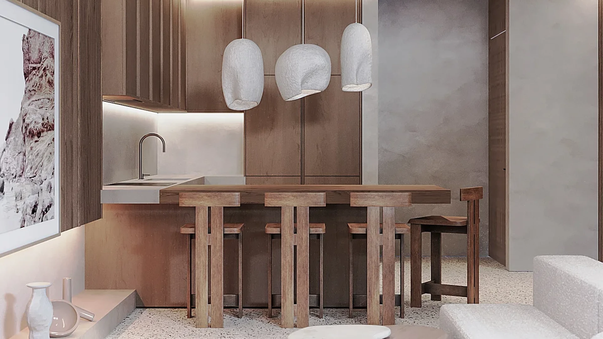 Image of a Modern Kitchenette, featuring Open-Concept Living and Wood Paneling.