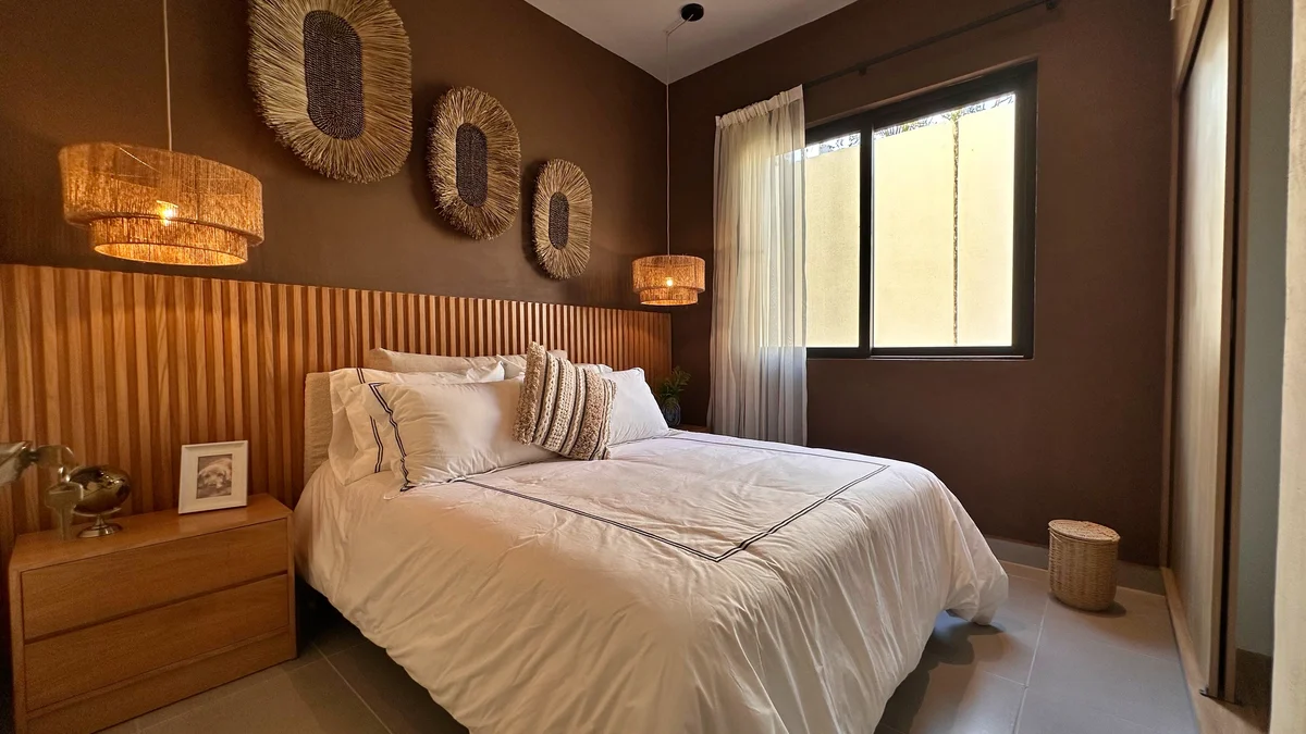 Image of a Bedroom, featuring Wood Slat Headboard and Modern Design.