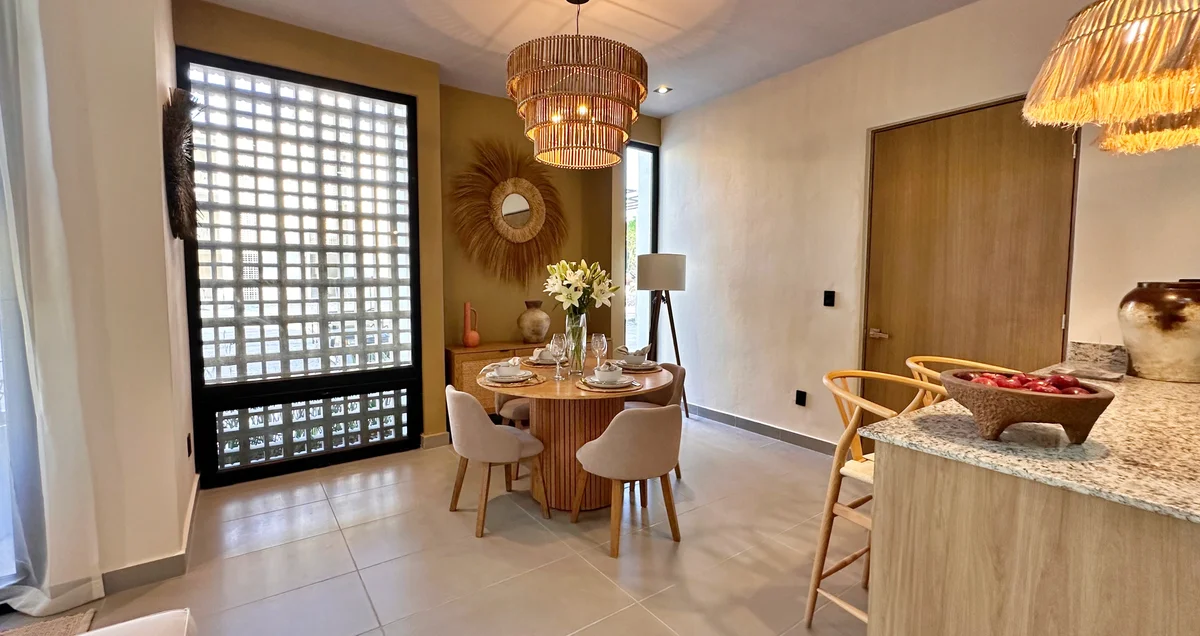 Image of a Dining Area, featuring Breakfast Bar and Boho Chic Decor.
