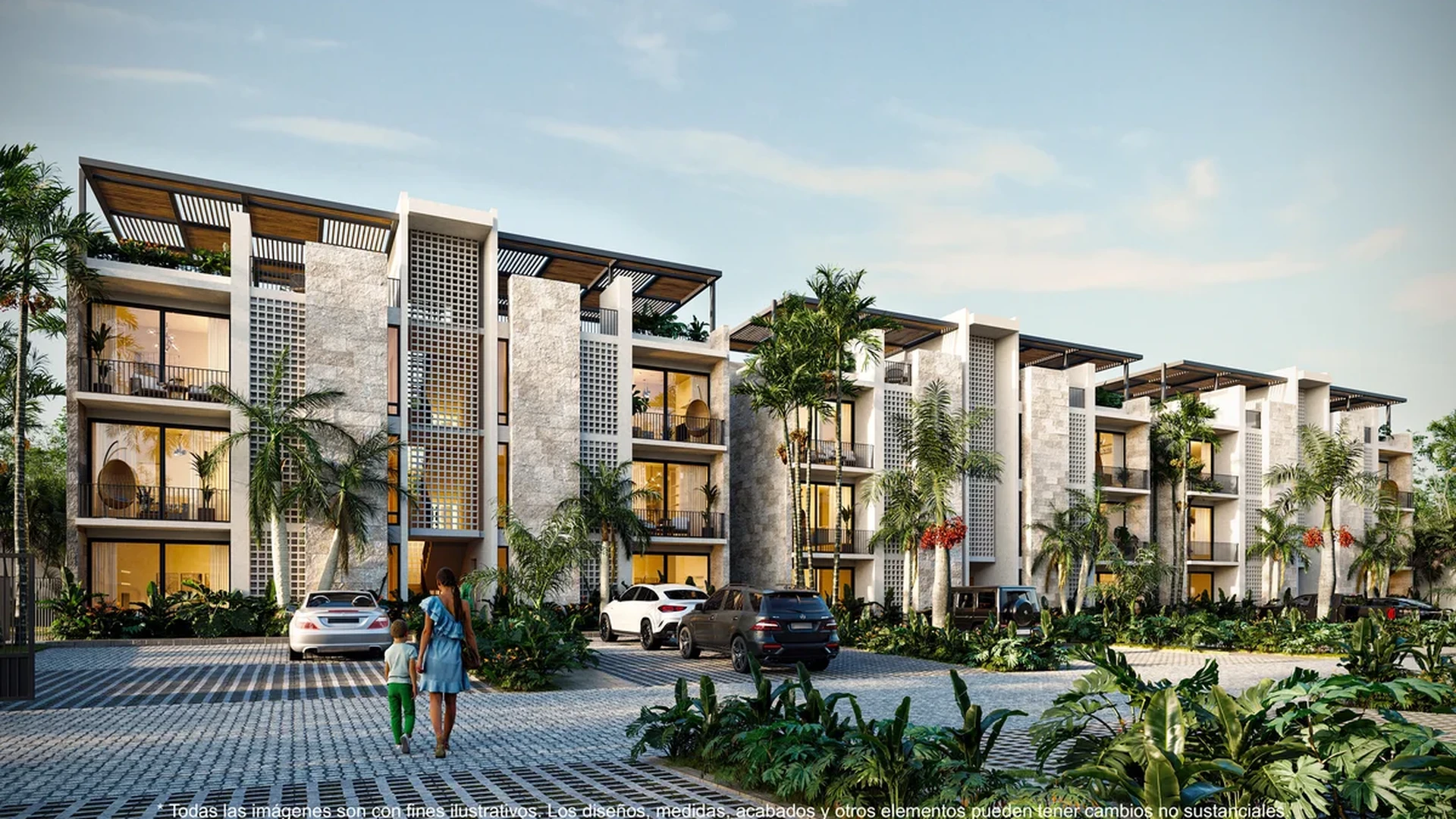 Image of a Modern Apartment Complex, featuring Tropical Landscaping and Stone Facade.