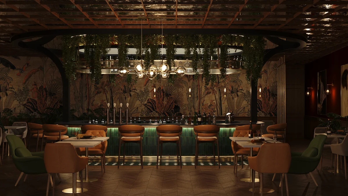 Image of a Restaurant Bar, featuring Lounge Area and Herringbone Floors.