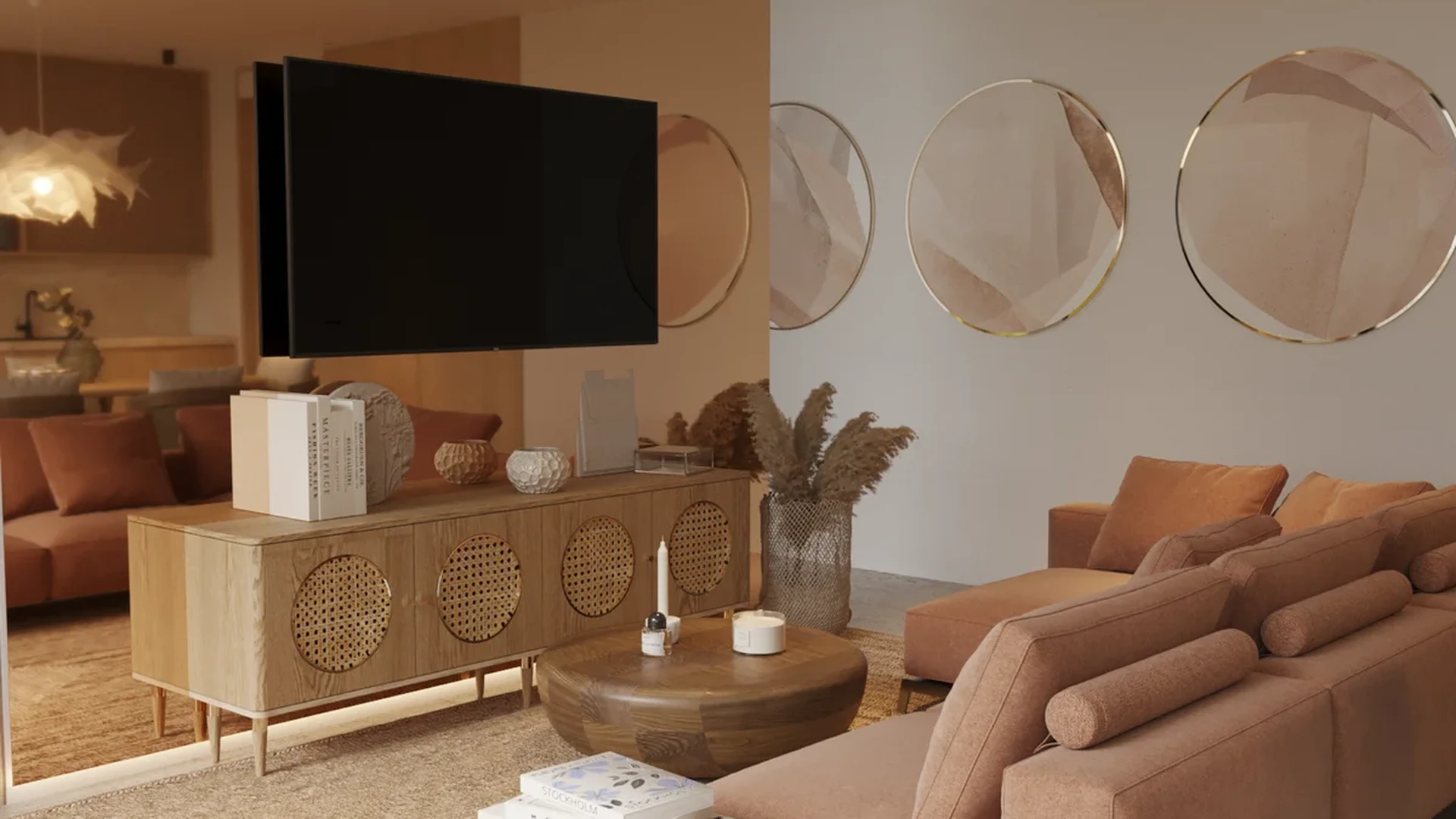 Image of a Living Room, featuring Japandi Style and Bohemian Modern Design.