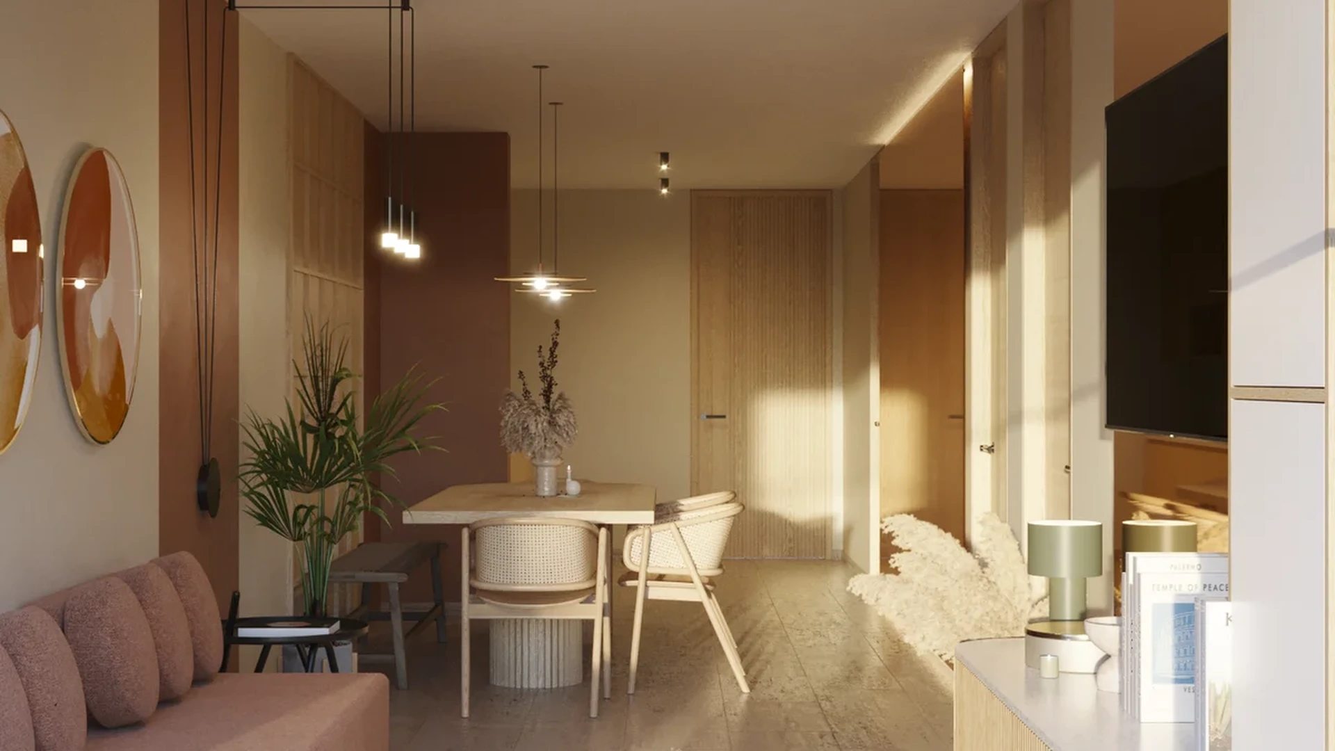 Image of a Open Concept Living, featuring Japandi Style and Designer Lighting.