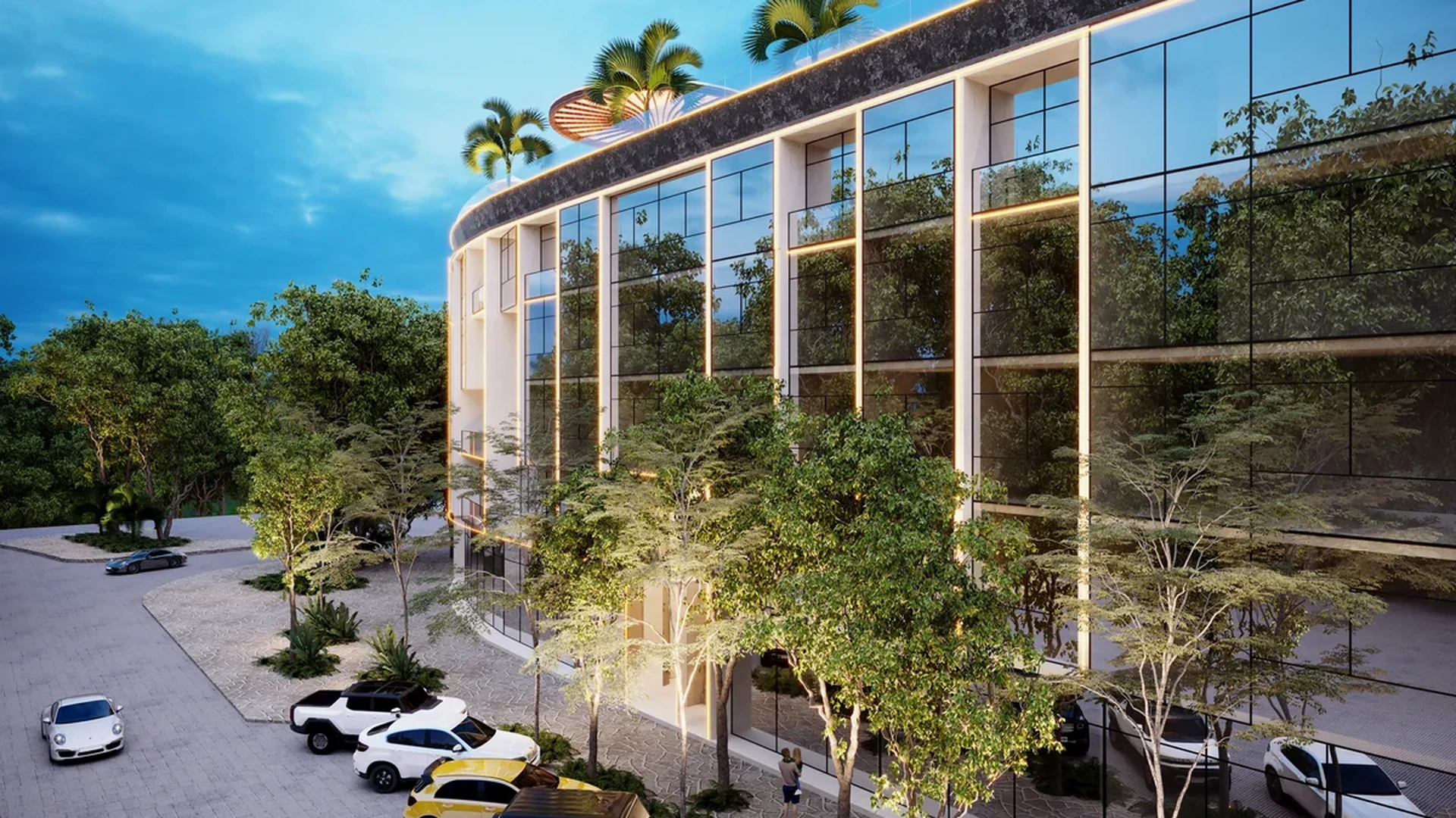 Image of a Modern Apartment Building, featuring Rooftop Terrace and Floor-to-Ceiling Windows.
