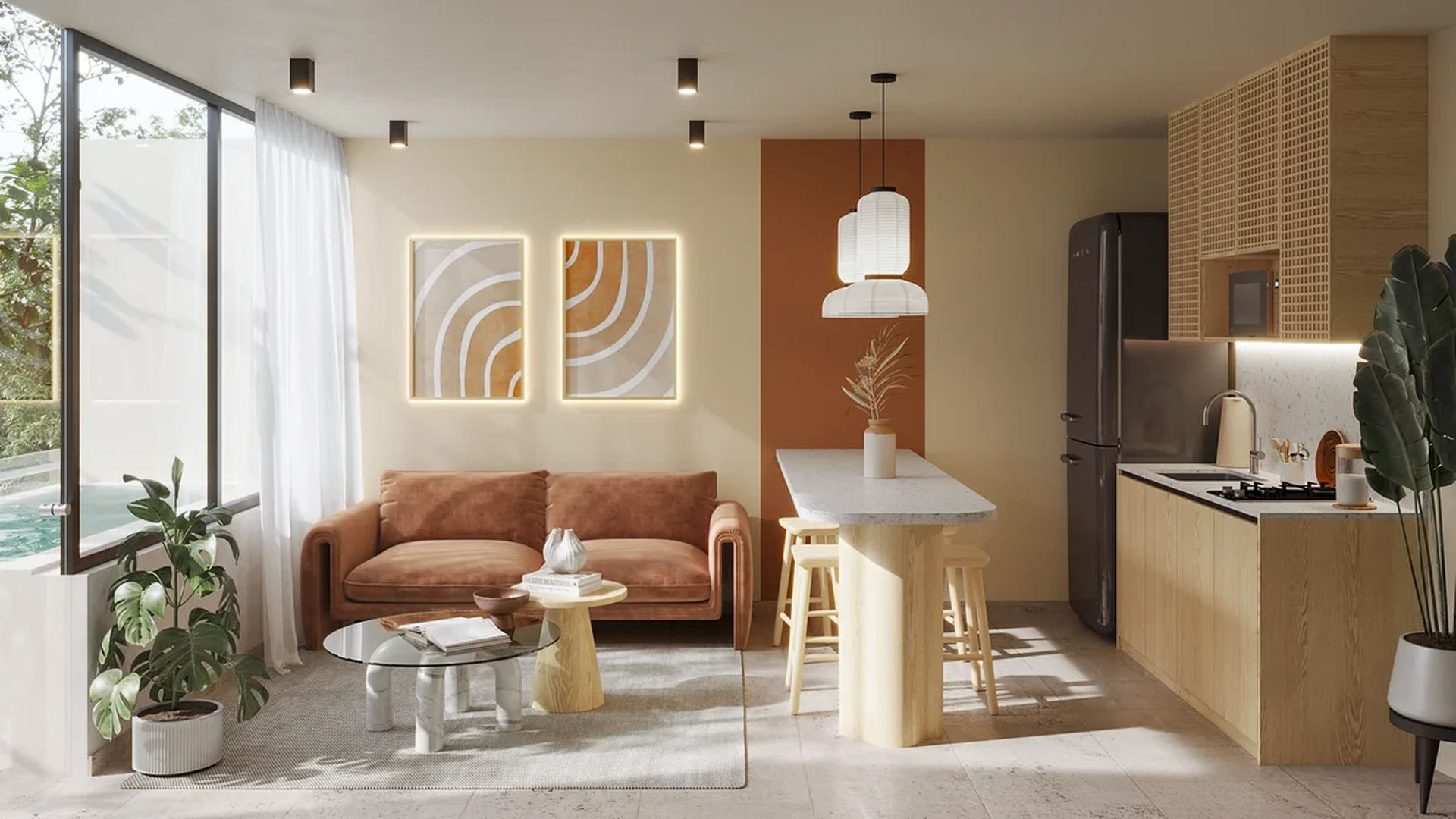 Image of a Open-Concept Living, featuring Japandi Style and Modern Kitchenette.