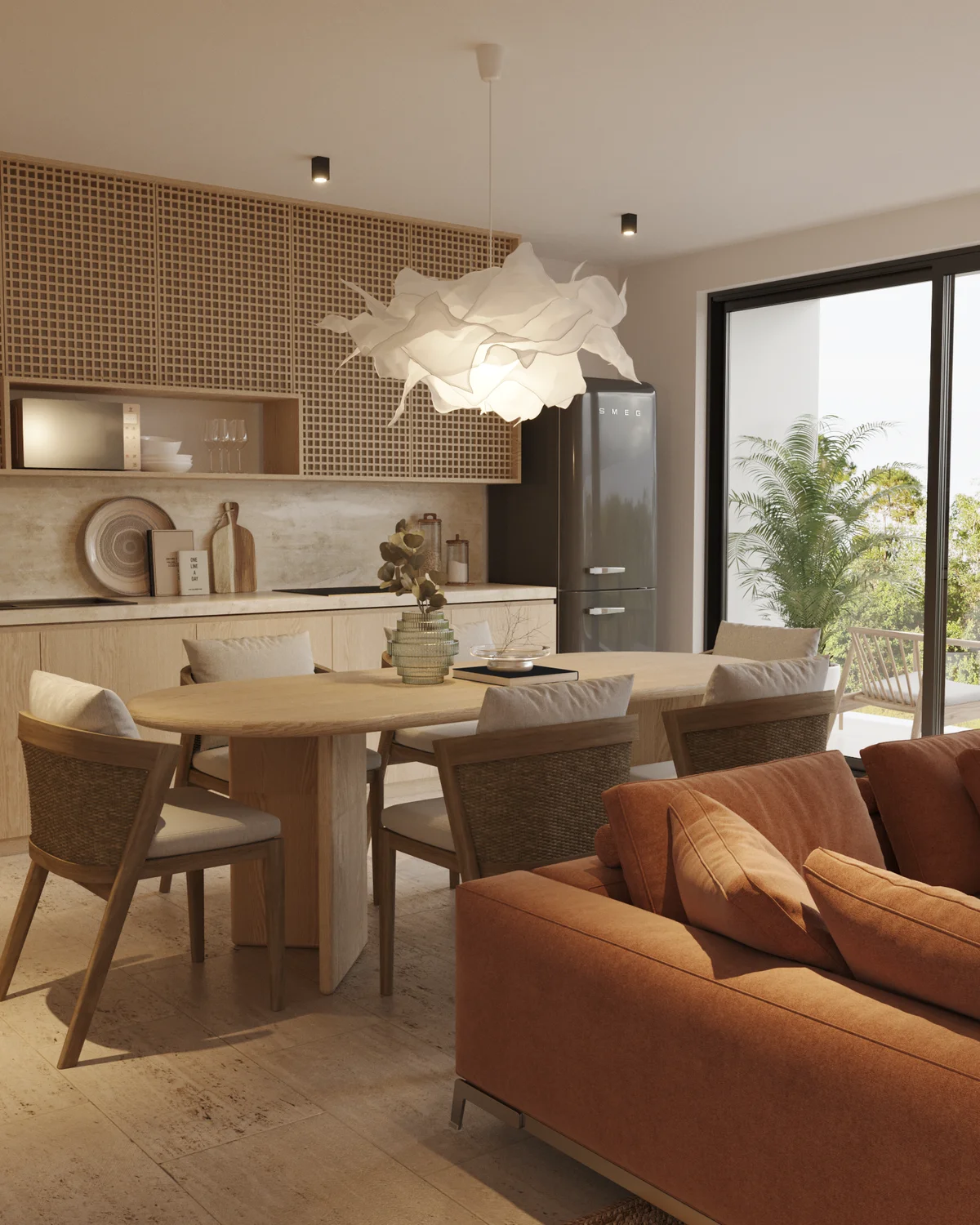 Image of a Open-Concept Living, featuring Japandi Style and Modern Kitchenette.