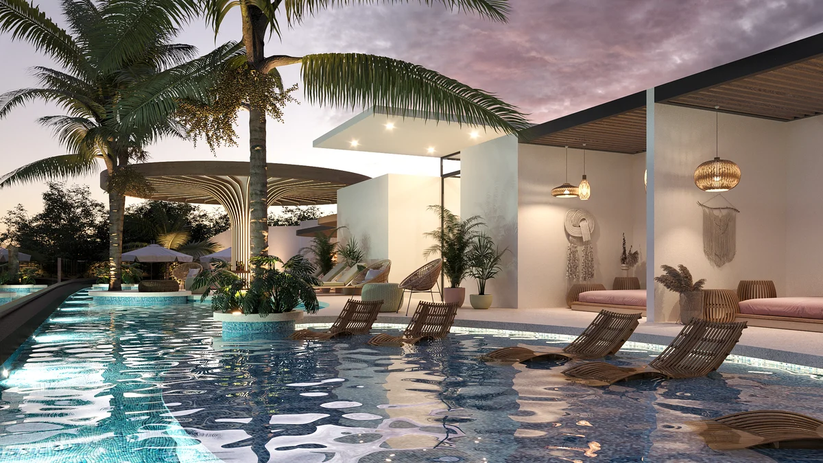 Image of a Resort-Style Pool, featuring In-Water Loungers and Private Cabanas.