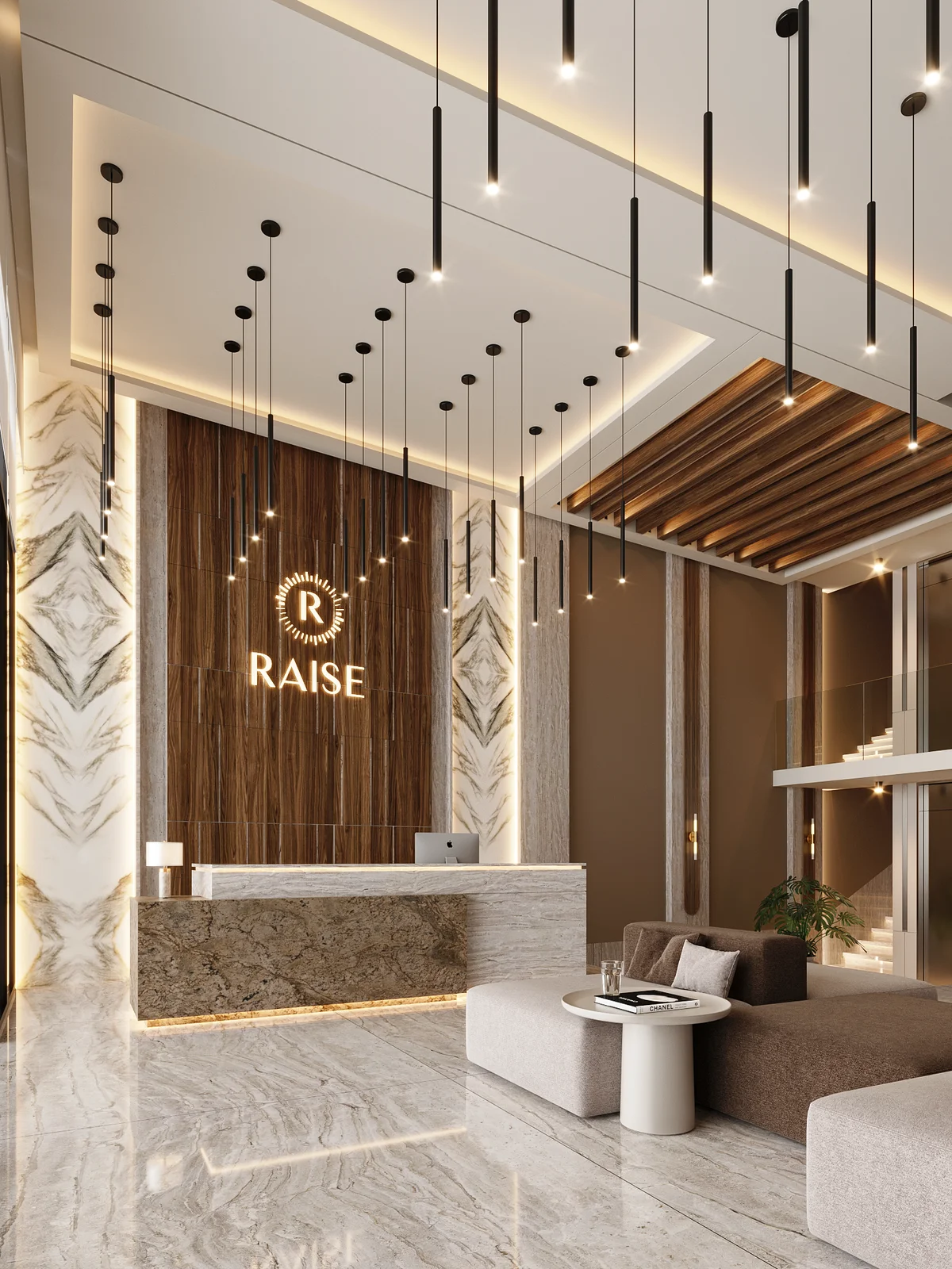 Image of a Luxury Lobby, featuring Reception Area and High Ceilings.