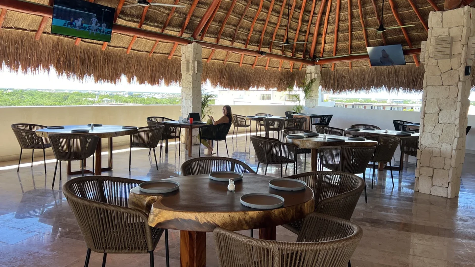 Image of a Rooftop Terrace, featuring Thatched Palapa Roof and Outdoor Dining.