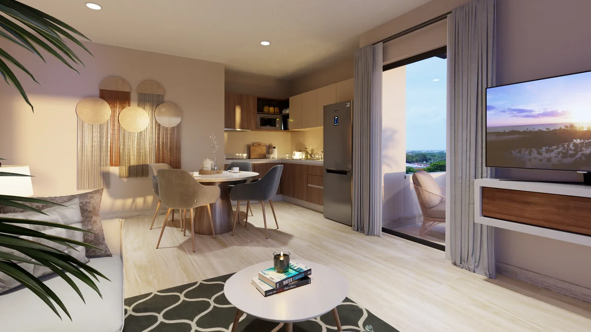 Image of a Open-Concept Living, featuring Modern Kitchen and Private Balcony.