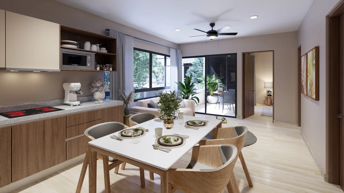 Image of a Open-Plan Living, featuring Dining Area and Modern Kitchenette.