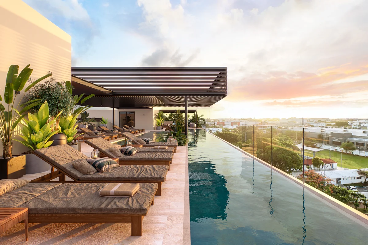 Image of a Rooftop Terrace, featuring Infinity Pool and Sunset View.