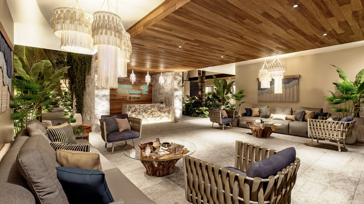 Image of a Luxury Lobby, featuring Lounge Area and Boho Chic Decor.