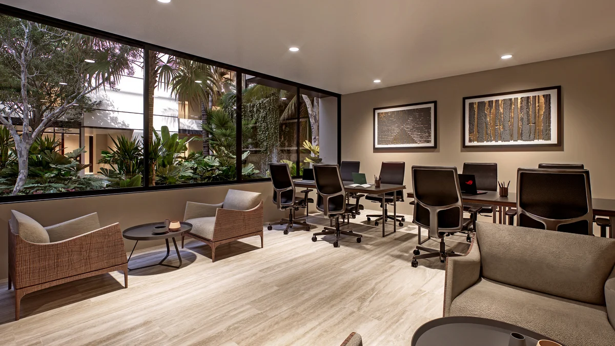 Image of a Coworking Space, featuring Business Center and Lounge Area.