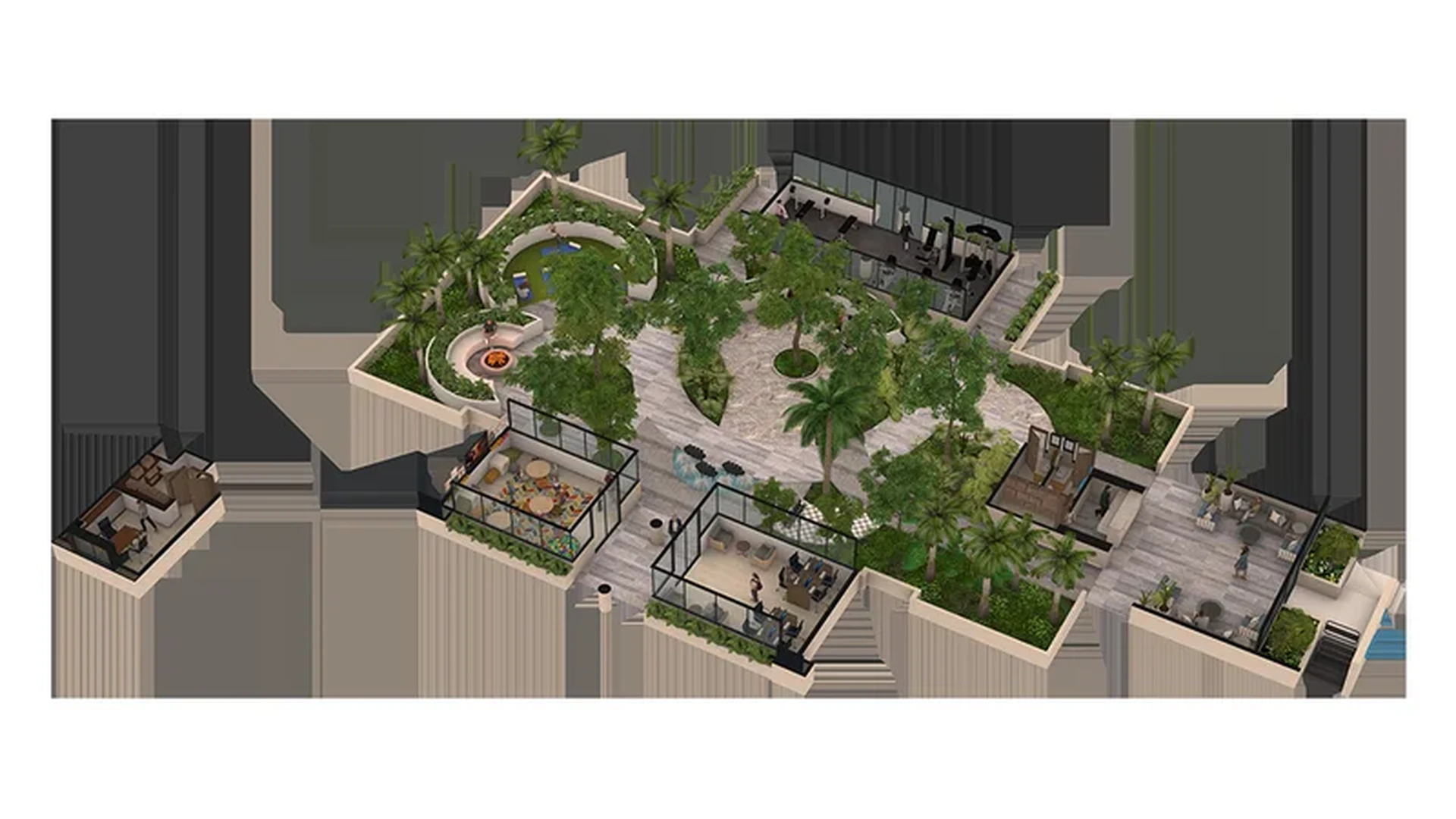 Image of a 3D Amenity Rendering, featuring Landscaped Courtyard and Fitness Center.