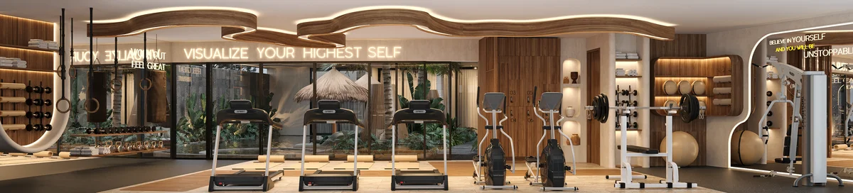 Image of a Luxury Fitness Center, featuring State-of-the-Art Equipment and Modern Wood Design.