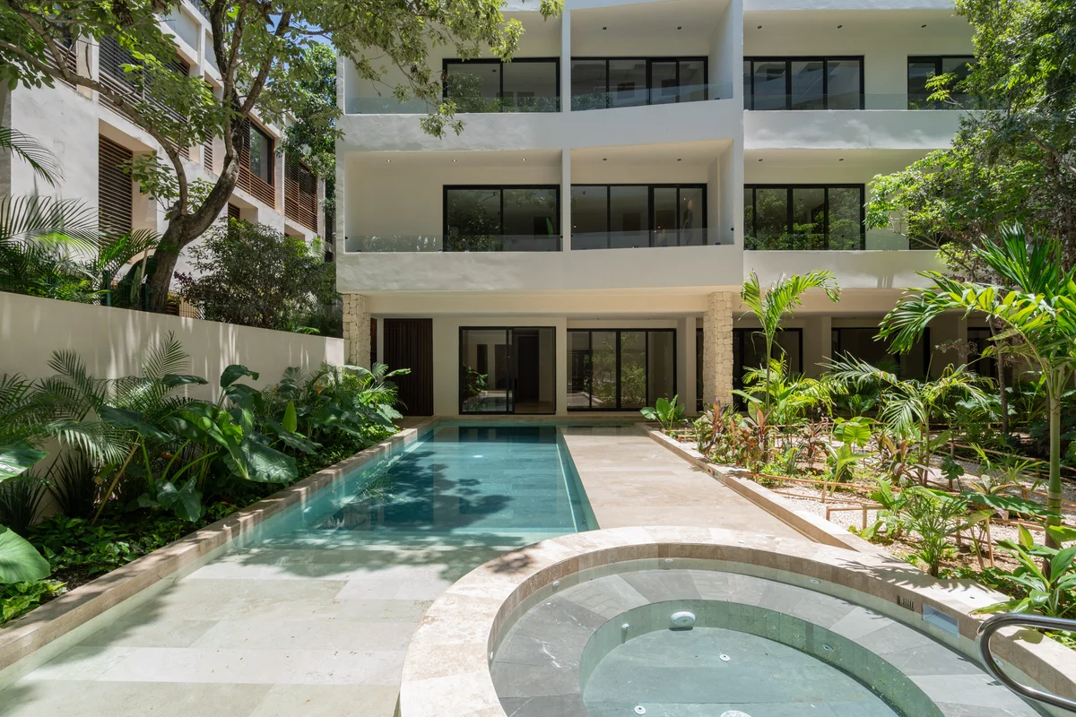 Image of a Private Pool, featuring Jacuzzi and Modern Architecture.