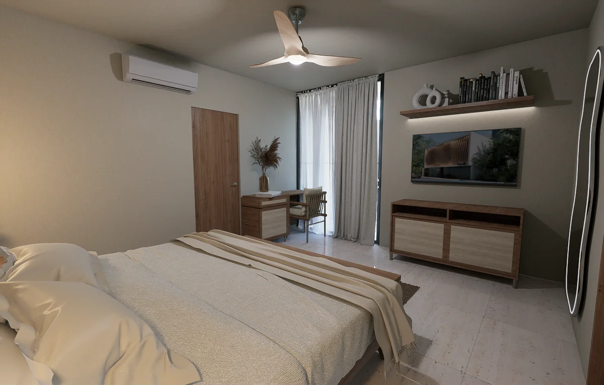 Image of a Modern Bedroom, featuring Tiled Flooring and Wood Furniture.