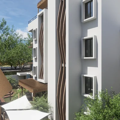 Image of a Modern Architecture, featuring Building Exterior and Wood Accents.