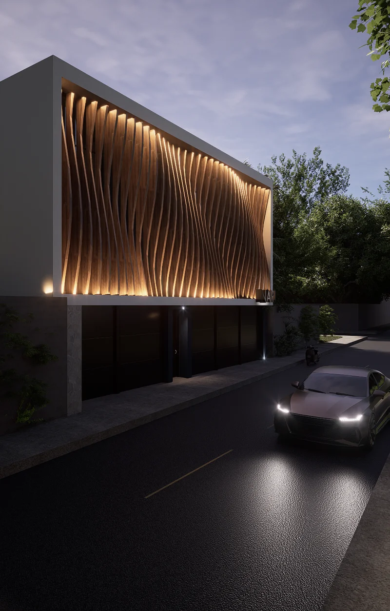 Image of a Modern Architecture, featuring Parametric Wood Facade and Architectural Lighting.