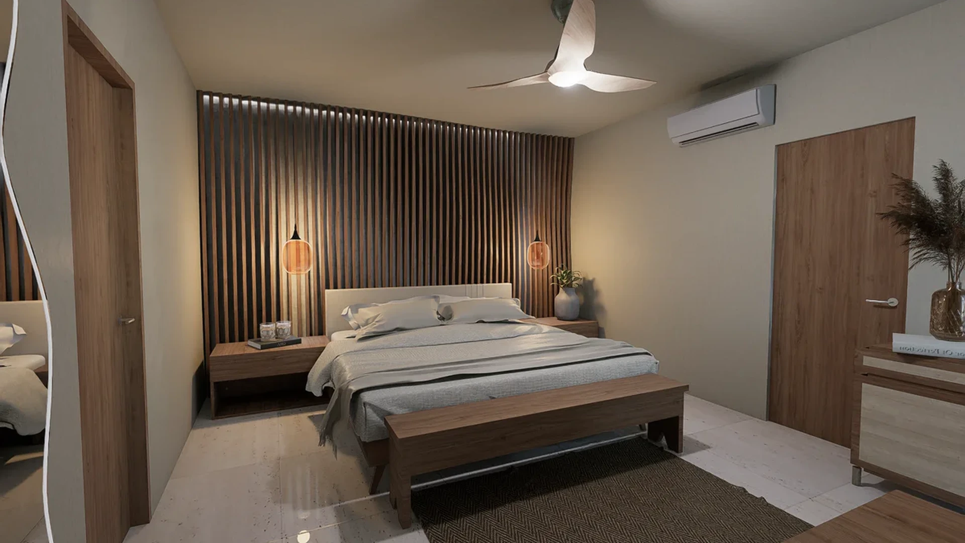Image of a Modern Bedroom, featuring Wood Slat Accent Wall and Pendant Lighting.
