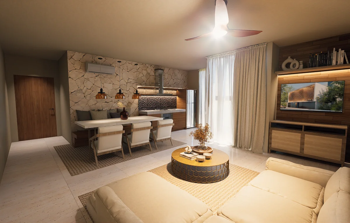 Image of a Open Concept Living, featuring Living and Dining Room and Stone Accent Wall.