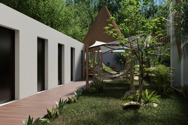 Image of a Private Garden, featuring Outdoor Lounge and Landscaped Courtyard.