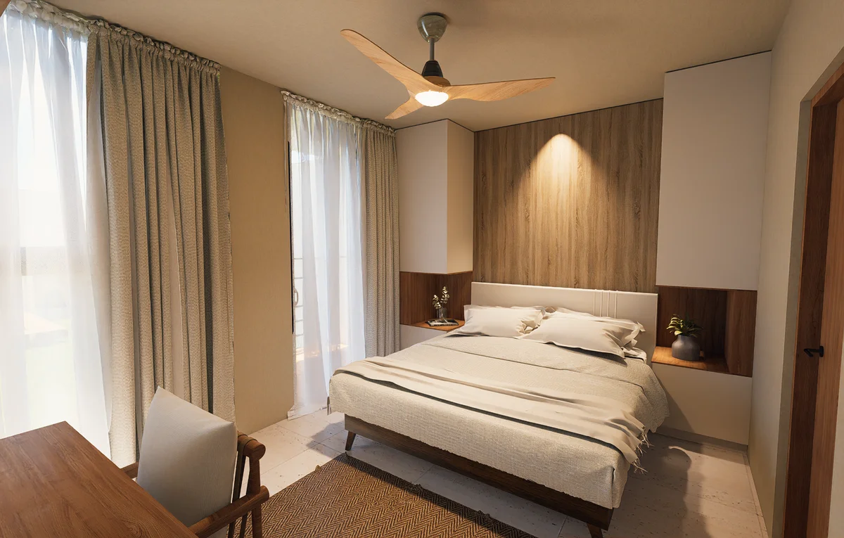 Image of a Modern Bedroom, featuring Wood Accent Wall and Built-in Headboard.