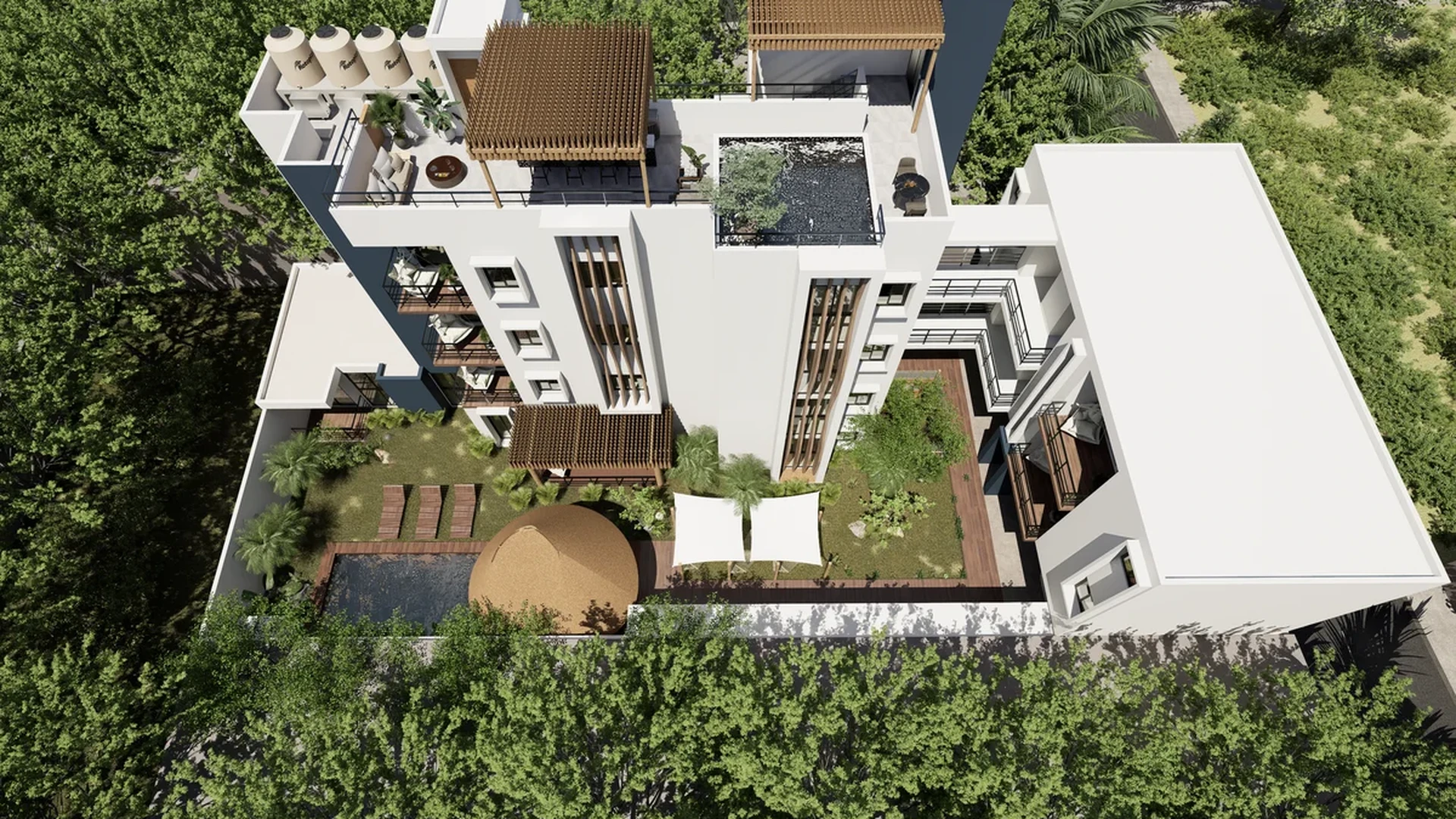 Image of a Modern Apartment Building, featuring Aerial View and Rooftop Terrace.