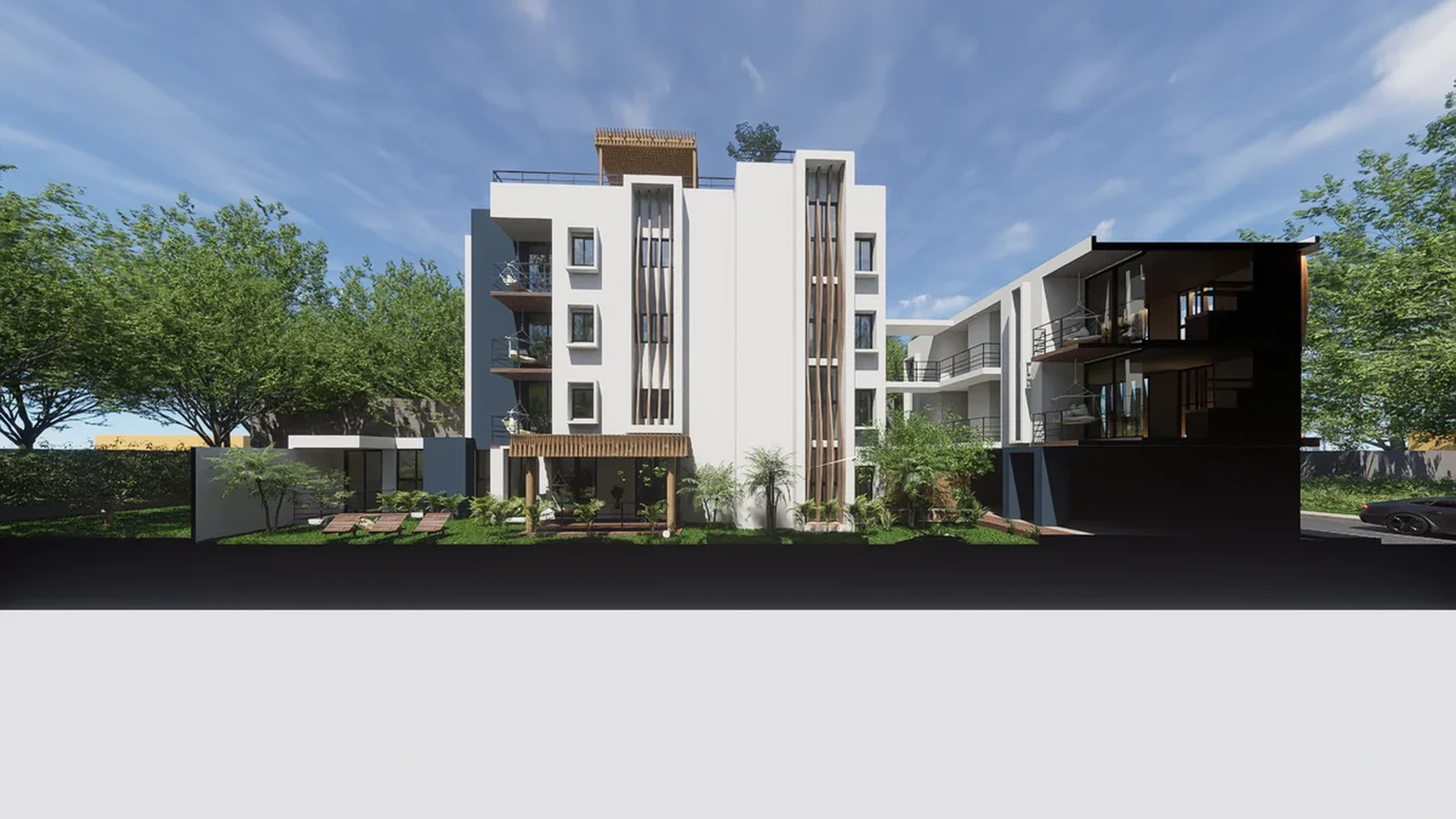 Image of a Modern Apartment Building, featuring Architectural Rendering and Private Balconies.