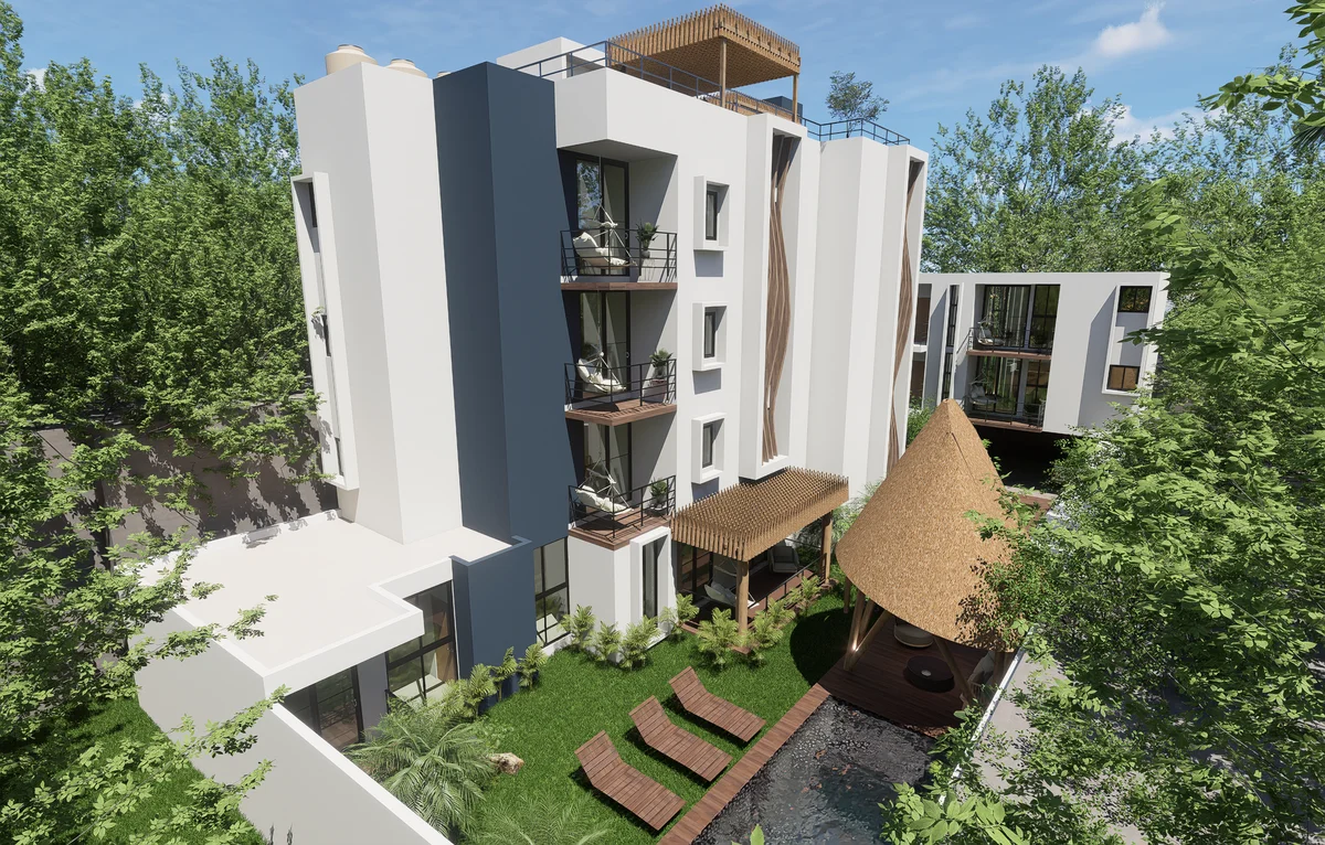 Image of a Modern Condominium, featuring Tropical Architecture and Private Balconies.