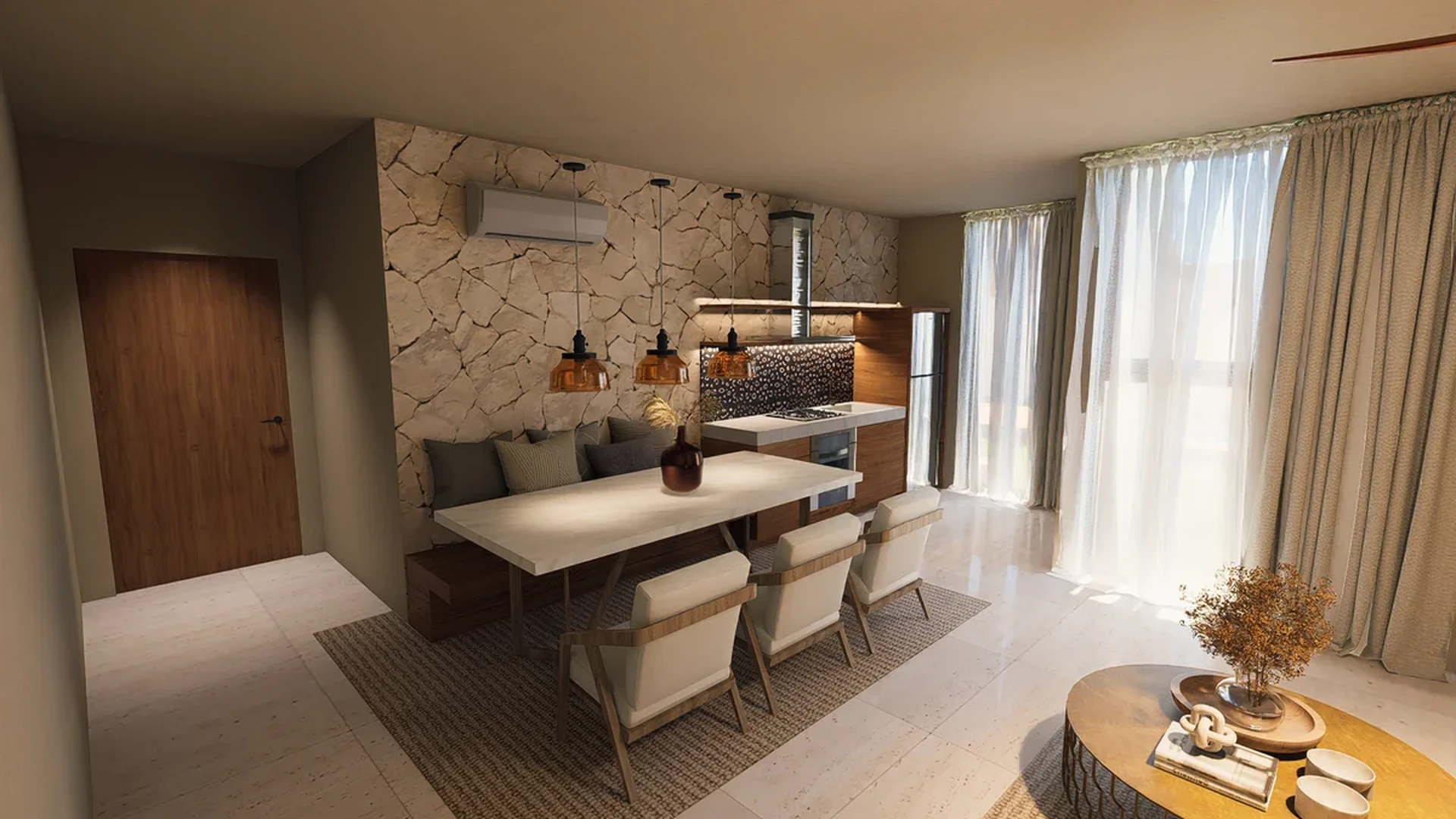 Image of a Open-Concept Living, featuring Dining Area and Stone Accent Wall.