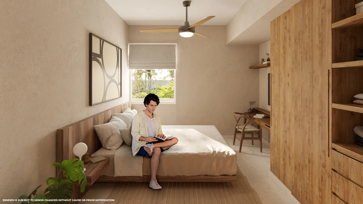 Image of a Bedroom, featuring Minimalist Design and Wood Furniture.