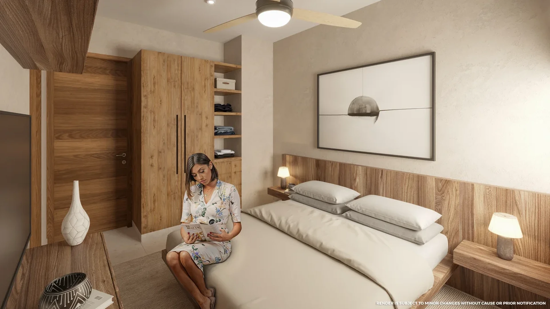 Image of a Modern Bedroom, featuring Wood Finishes and Built-in Wardrobe.