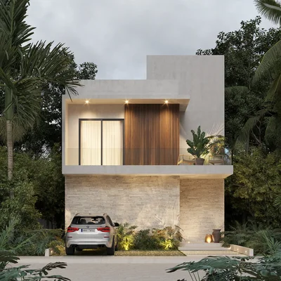 Image of a Modern Architecture, featuring Tropical Villa and Stone Facade.