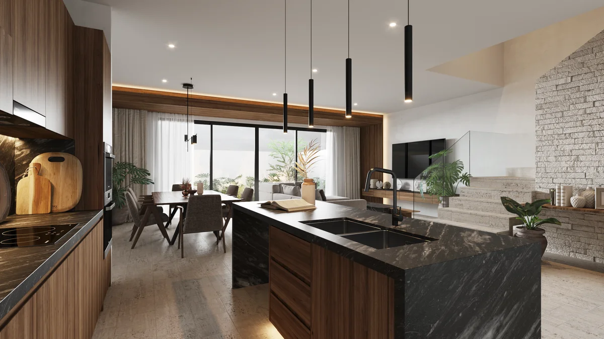 Image of a Open-Concept Living, featuring Gourmet Kitchen and Marble Countertops.