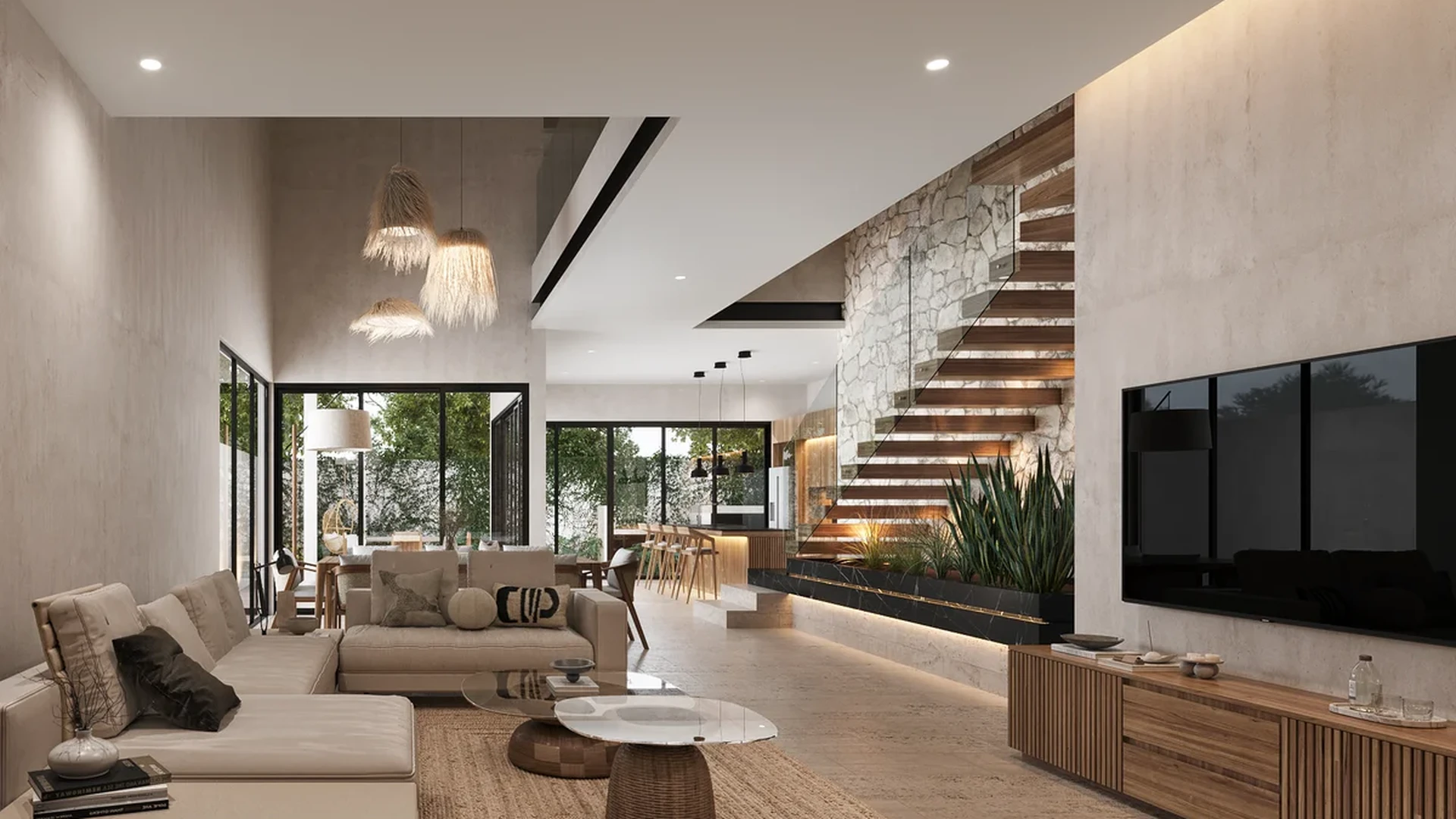 Image of a Open-Concept Living, featuring Floating Staircase and Stone Accent Wall.