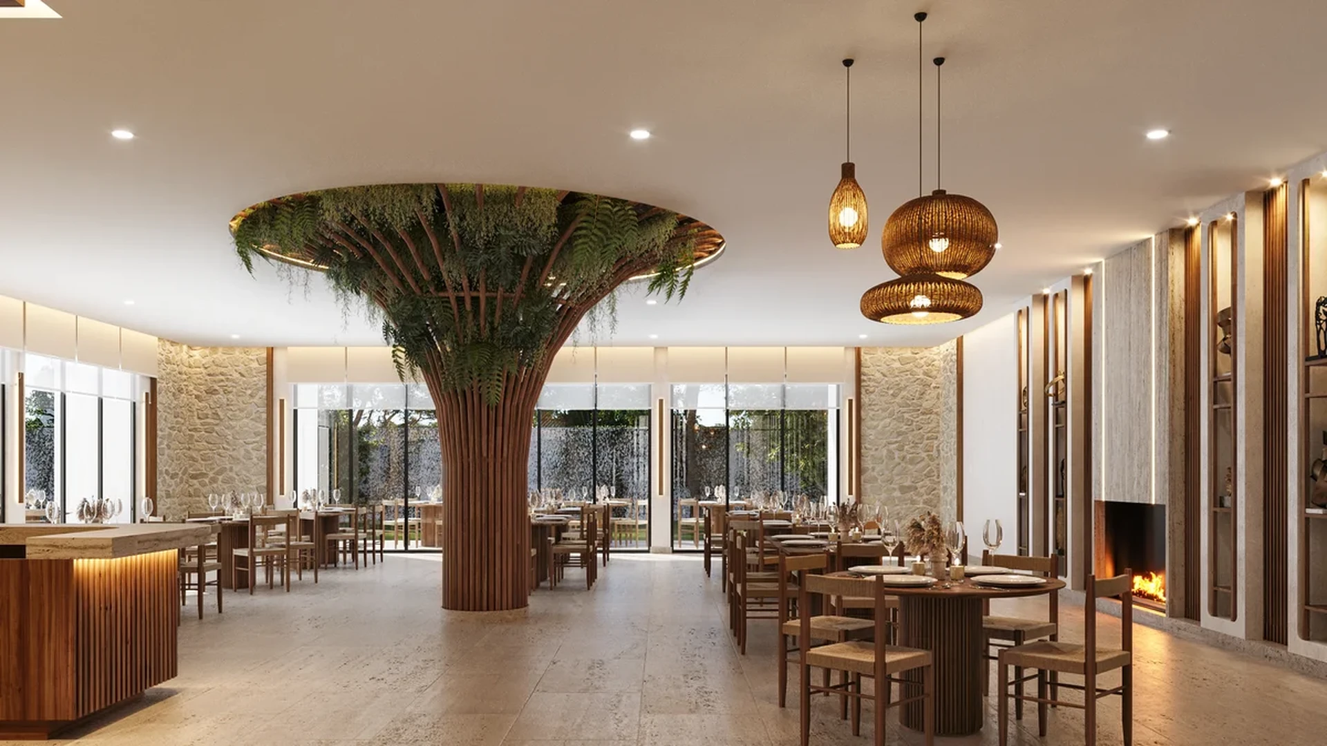 Image of a Fine Dining Restaurant, featuring Biophilic Design and Statement Tree Installation.