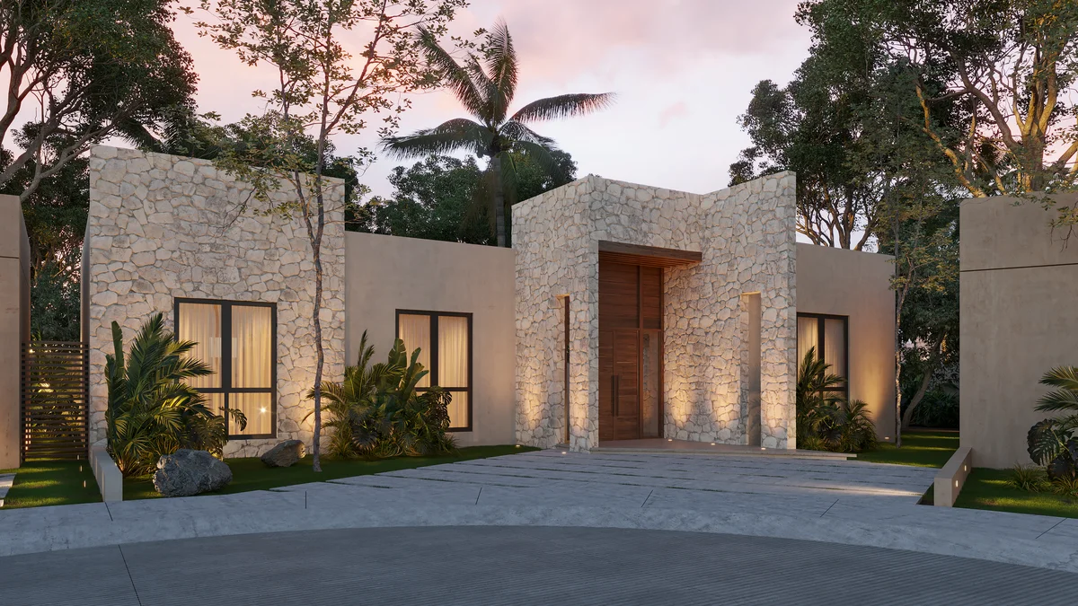 Image of a Modern Villa Exterior, featuring Stone Facade and Grand Entrance.