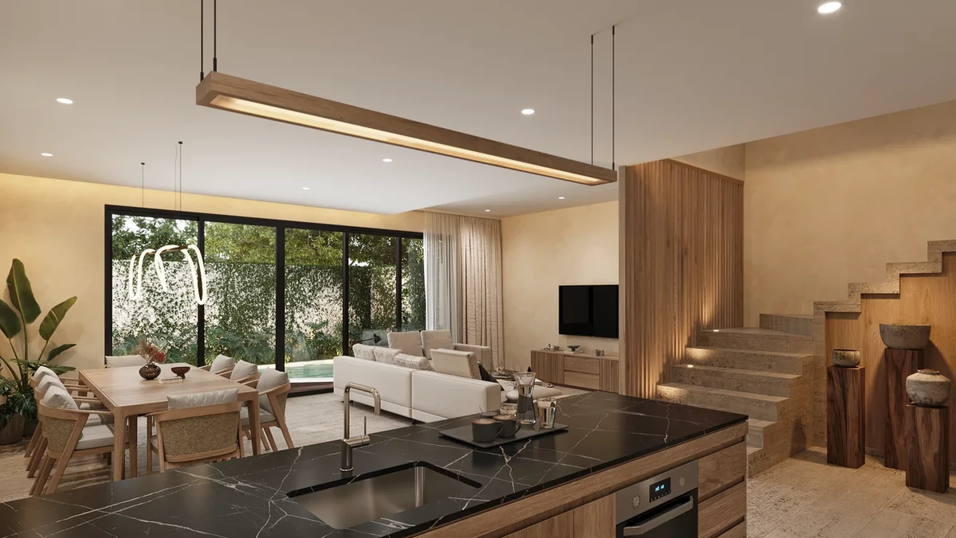 Image of a Open Concept Living, featuring Gourmet Kitchen and Marble Countertops.